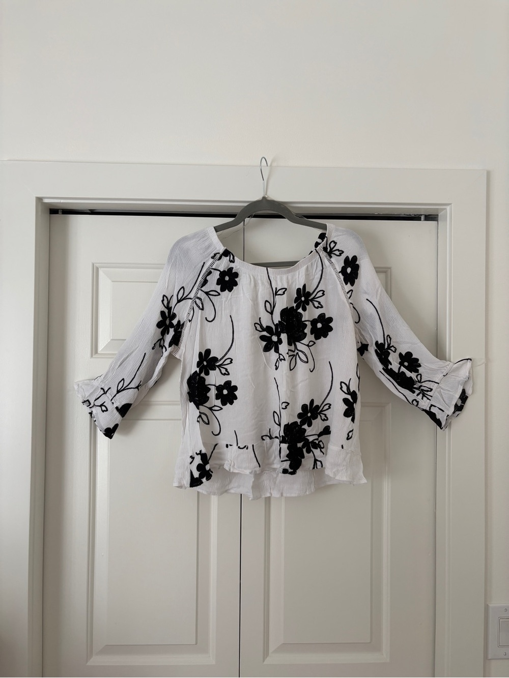 Women’s White Blouse with Black Floral Embroidery